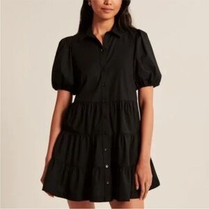 Abercrombie & Fitch Black Tiered Button-Front Puff Sleeve Dress